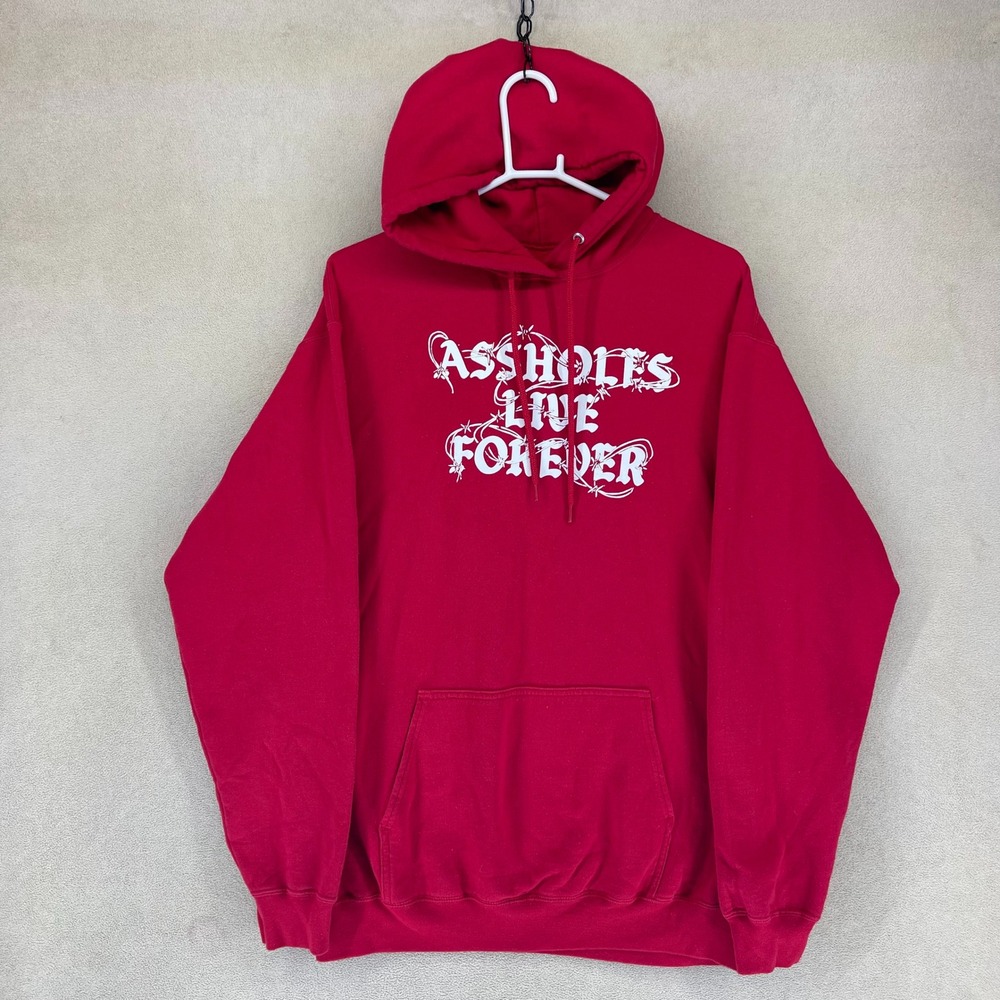 Red Hoodie Assholes Live Forever Graphic Print Hooded Sweatshirt Large